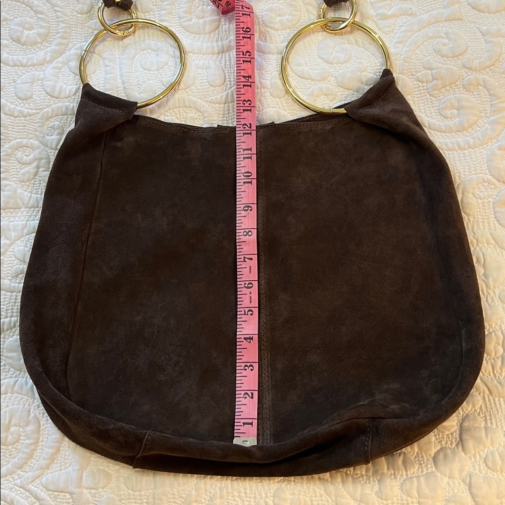 Claudia Firenze Suede Crossbody Slouchy Hobo Tote Bag Chocolate Brown Gold Ring - Picture 14 of 16